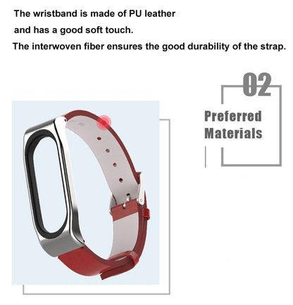Mijobs Screwless Metal Case PU Leather Watch Band for Xiaomi Mi Band 3 & 4 & 5 & 6, Host not Included, CA0140A, CA0140B, CA0140C, CA0140D, CA0140E, CA0140F, CA0140G