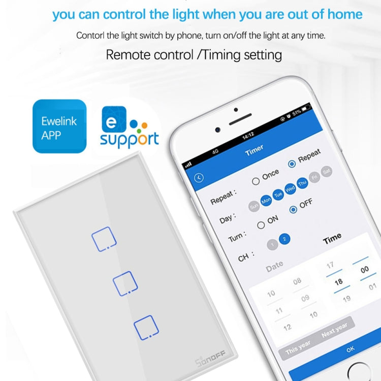 Sonoff T2 Touch 120mm Tempered Glass Panel Wall Switch Smart Home Light Touch Switch, Compatible with Alexa and Google Home, AC 100V-240V, US Plug, 120mm/ 1 US Plug