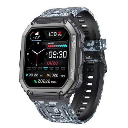 Reloj inteligente deportivo KR06 con podómetro, resistente al agua, compatible con monitorización de frecuencia cardíaca, presión arterial y llamadas Bluetooth.