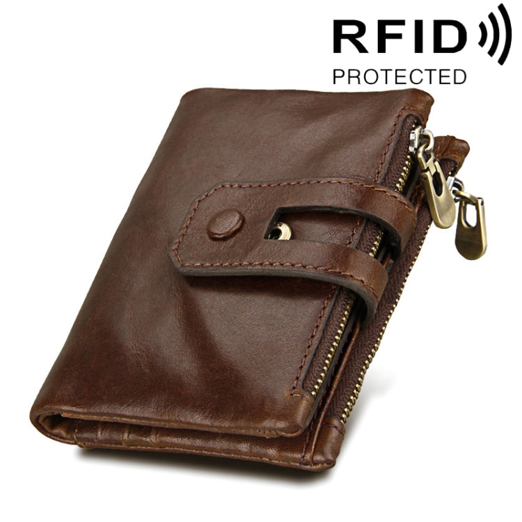 Genuine Cowhide Leather Crazy Horse Texture Zipper 3-folding Card Holder Wallet RFID Blocking Coin Purse Card Bag Protect Case for Men, Size: 12*9.5*3.5cm