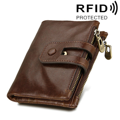 Genuine Cowhide Leather Crazy Horse Texture Zipper 3-folding Card Holder Wallet RFID Blocking Coin Purse Card Bag Protect Case for Men, Size: 12*9.5*3.5cm