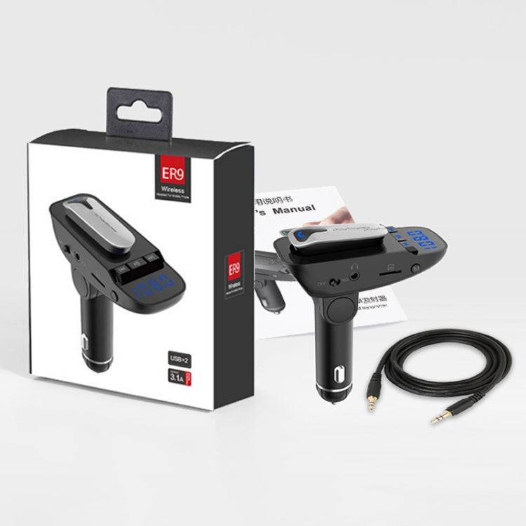 Kit manos libres para coche ER9 2 en 1 con auriculares inalámbricos Bluetooth, cargador USB dual, transmisor FM, reproductor de música MP3, ER9