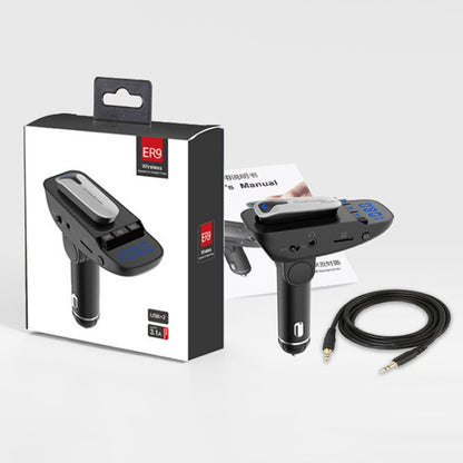Kit manos libres para coche ER9 2 en 1 con auriculares inalámbricos Bluetooth, cargador USB dual, transmisor FM, reproductor de música MP3, ER9