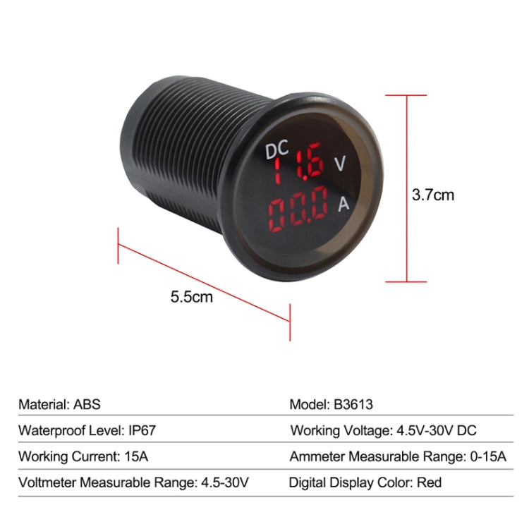 B3613  IP67 Waterproof Car Modification 4.5-30V Voltmeter + Ammeter, B3613