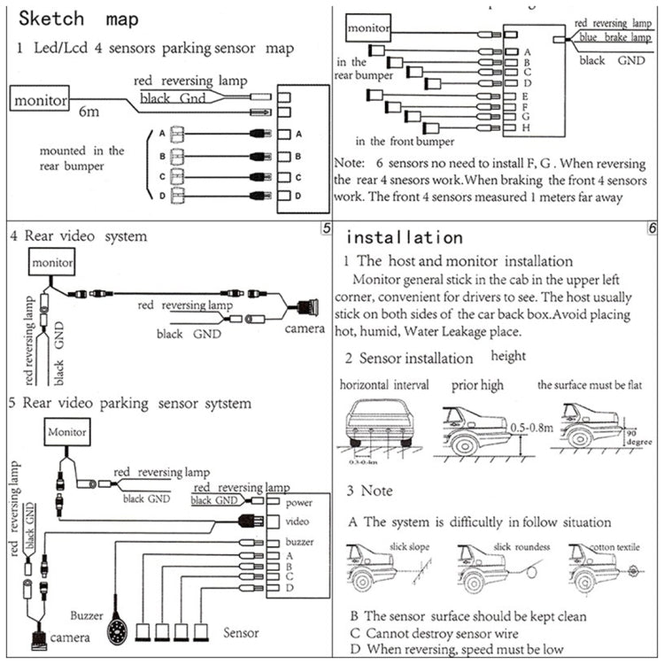 Sistema de alarma de estacionamiento con monitor LED y zumbador de marcha atrás PZ-300-8 con 4 sensores delanteros de 7 m y 4 sensores traseros de 2,5 m.