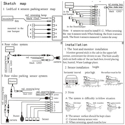 Sistema de alarma de estacionamiento con monitor LED y zumbador de marcha atrás PZ-300-8 con 4 sensores delanteros de 7 m y 4 sensores traseros de 2,5 m.