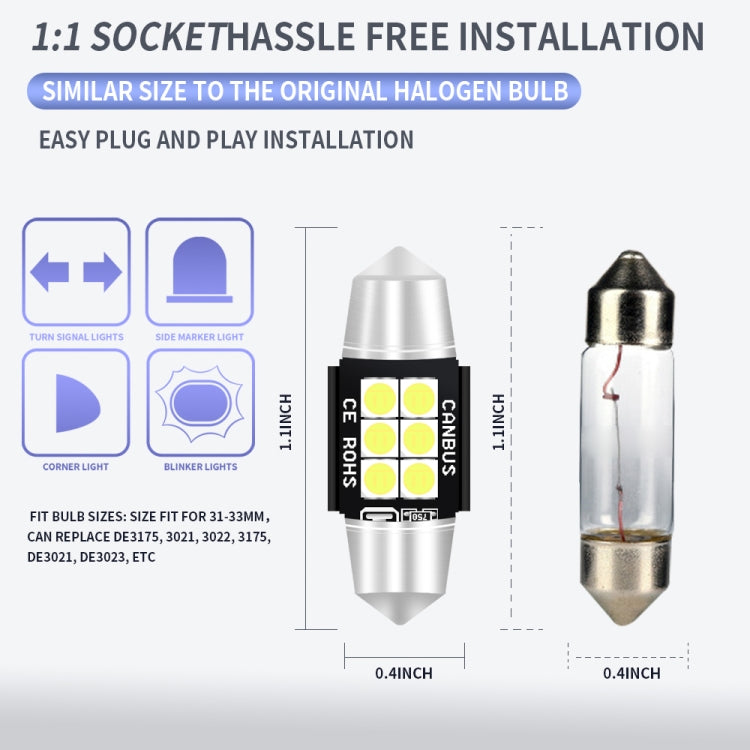 2 PCS 31mm DC12V-24V 3W 6000K 660LM 6LEDs SMD-3030 Car Reading Lamp / License Plate Light, 31mm (3W)
