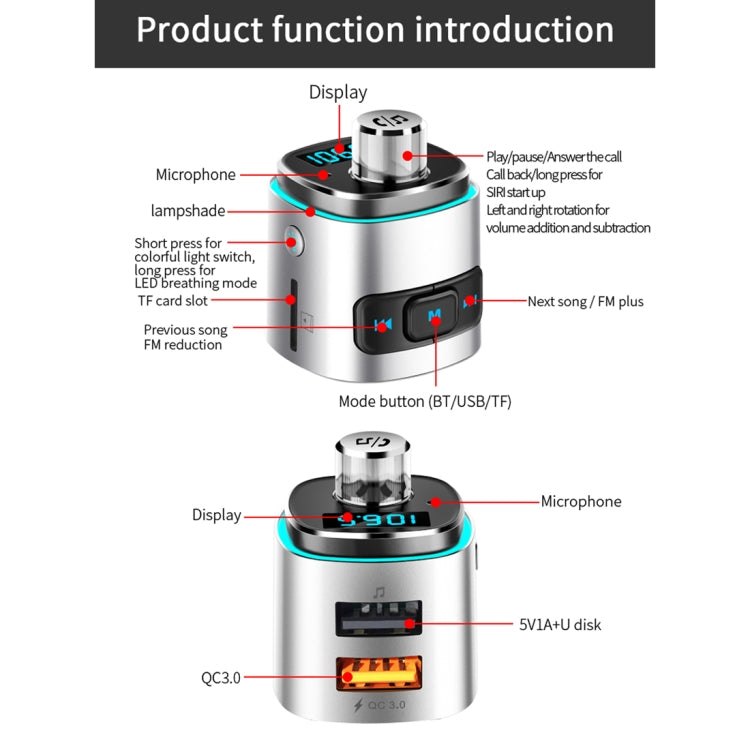 Reproductor MP3 multifunción BC42 con Bluetooth 5.0 para coche, con luz ambiental colorida, compatible con tarjeta TF, disco U y FM.