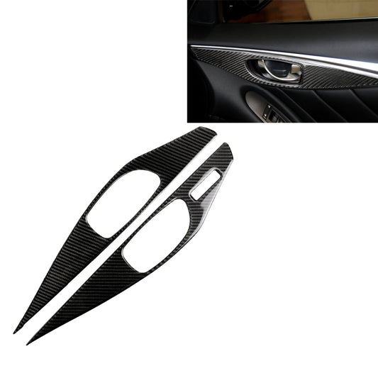 Conjunto de 2 autocolantes decorativos em fibra de carbono para puxadores interiores de portas de automóveis Infiniti Q60, com volante à esquerda.