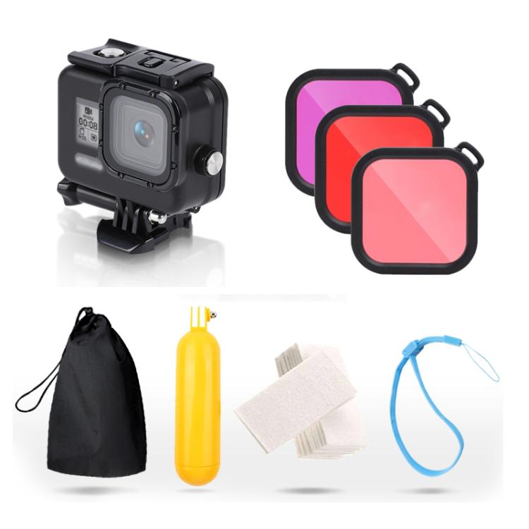 For GoPro HERO8 Black 45m Waterproof Housing Protective Case with Buckle Basic Mount & Screw & (Purple, Red, Pink) Filters & Floating Bobber Grip & Strap & Anti-Fog Inserts, Transparent HERO8 Case+Filters