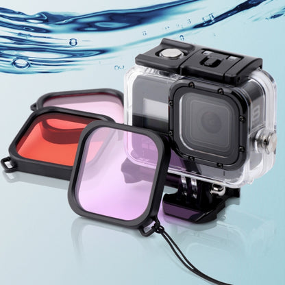 For GoPro HERO8 Black 45m Waterproof Housing Protective Case with Buckle Basic Mount & Screw & (Purple, Red, Pink) Filters & Floating Bobber Grip & Strap & Anti-Fog Inserts, Transparent HERO8 Case+Filters
