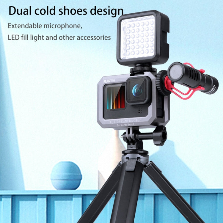 RUIGPRO for GoPro HERO10 Black / HERO9 Black Metal Border Frame Mount Protective Cage with Dual Cold Shoes Base, Silver Grey