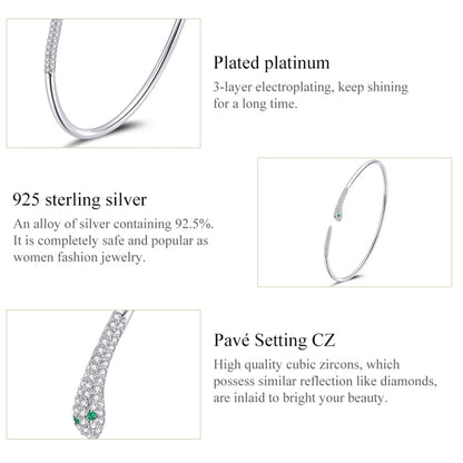 Pulsera abierta de serpiente de plata esterlina S925, joyería para mujer, serpiente