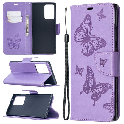 Embossing Two Butterflies Pattern Horizontal Flip PU Leather Case with Holder & Card Slot & Wallet & Lanyard, For iPhone 12 mini, For iPhone 12 / 12 Pro, For iPhone 12 Pro Max, For Samsung Galaxy Note20, For Samsung Galaxy Note20 Ultra