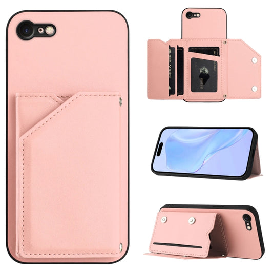 Skin Feel Four Card Slots Phone Case with Wrist Strap, For iPhone 7 / 8 / SE 2020 2022, For iPhone 13 Pro Max, For iPhone 13 Pro, For iPhone 13, For iPhone 13 mini, For iPhone 12, For iPhone 12 Pro Max, For iPhone 12 Pro