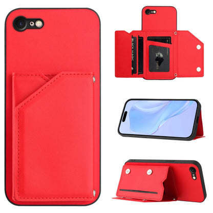 Skin Feel Four Card Slots Phone Case with Wrist Strap, For iPhone 7 / 8 / SE 2020 2022, For iPhone 13 Pro Max, For iPhone 13 Pro, For iPhone 13, For iPhone 13 mini, For iPhone 12, For iPhone 12 Pro Max, For iPhone 12 Pro