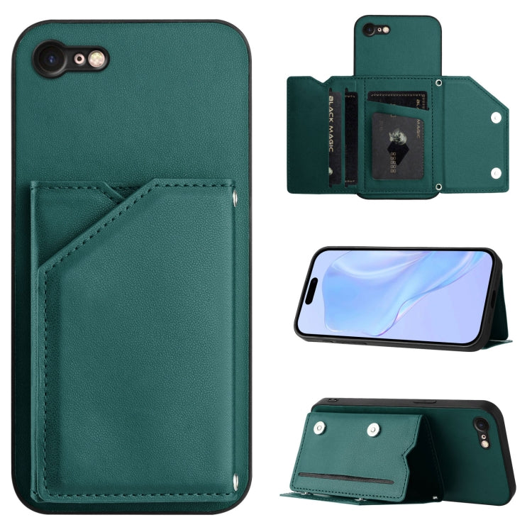 Skin Feel Four Card Slots Phone Case with Wrist Strap, For iPhone 7 / 8 / SE 2020 2022, For iPhone 13 Pro Max, For iPhone 13 Pro, For iPhone 13, For iPhone 13 mini, For iPhone 12, For iPhone 12 Pro Max, For iPhone 12 Pro