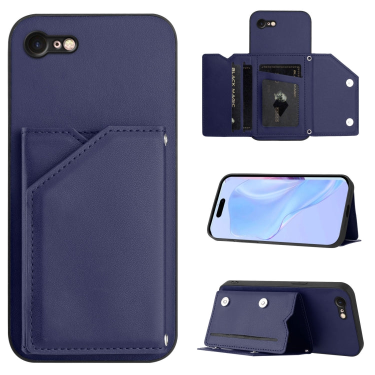 Skin Feel Four Card Slots Phone Case with Wrist Strap, For iPhone 7 / 8 / SE 2020 2022, For iPhone 13 Pro Max, For iPhone 13 Pro, For iPhone 13, For iPhone 13 mini, For iPhone 12, For iPhone 12 Pro Max, For iPhone 12 Pro