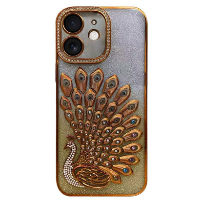 Electroplated TPU Peacock Relief Rhinestone Glitter Phone Case with Lens Film, For iPhone 11