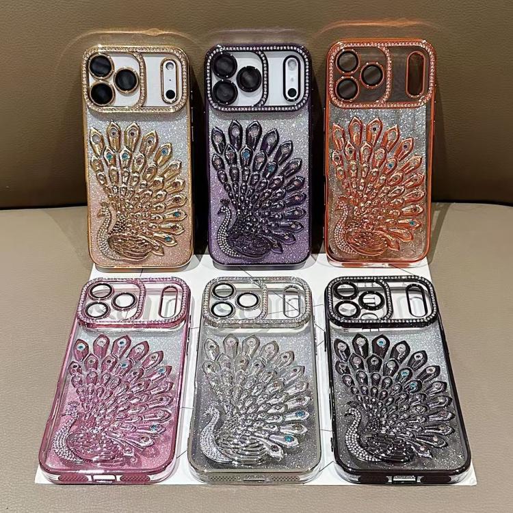 Electroplated TPU Peacock Relief Rhinestone Glitter Phone Case with Lens Film, For iPhone 11