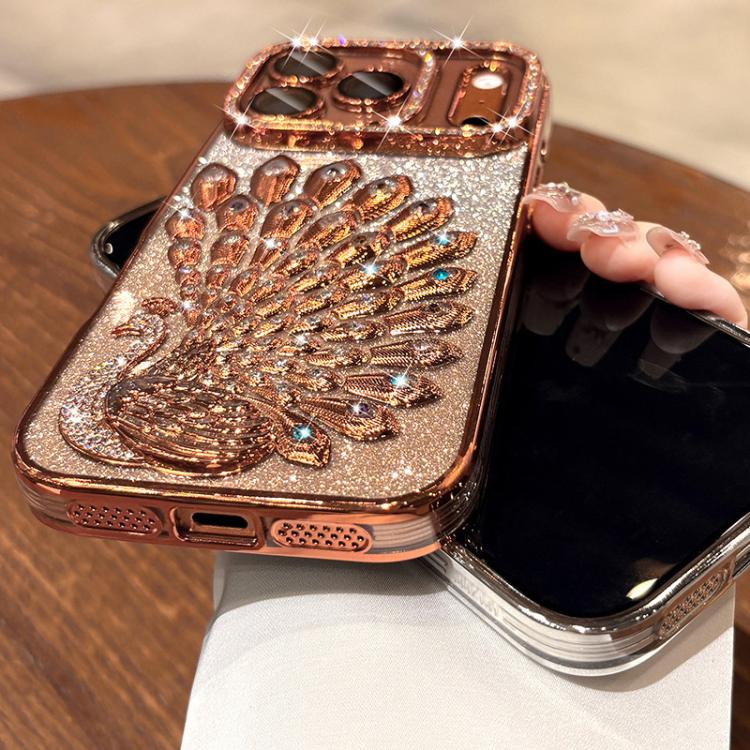 Electroplated TPU Peacock Relief Rhinestone Glitter Phone Case with Lens Film, For iPhone 11