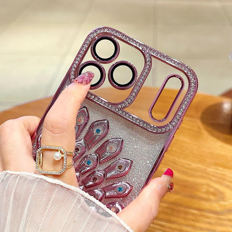 Electroplated TPU Peacock Relief Rhinestone Glitter Phone Case with Lens Film, For iPhone 11