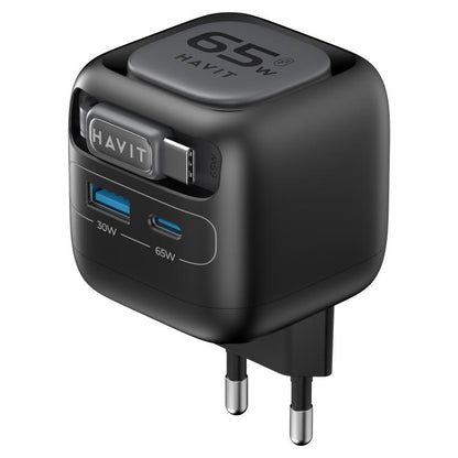 Havit UC253 65W 3 in 1 GaN Travel Charger with Type-C Retractable Cable, UC253(EU Plug)