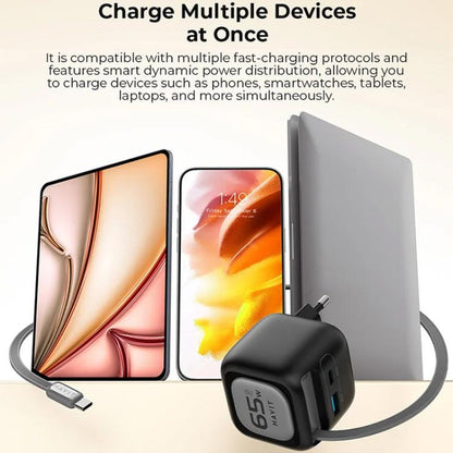 Havit UC253 65W 3 in 1 GaN Travel Charger with Type-C Retractable Cable, UC253(EU Plug)
