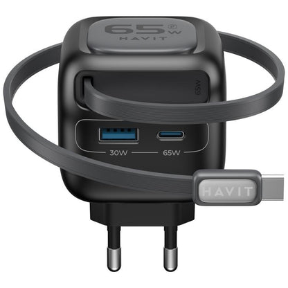 Havit UC253 65W 3 in 1 GaN Travel Charger with Type-C Retractable Cable, UC253(EU Plug)