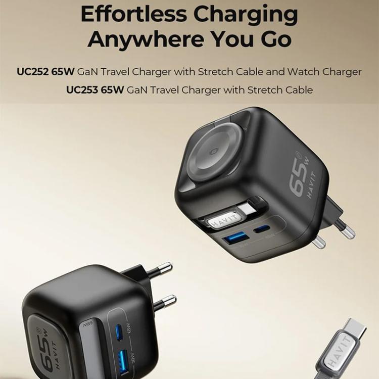 Havit UC253 65W 3 in 1 GaN Travel Charger with Type-C Retractable Cable, UC253(EU Plug)