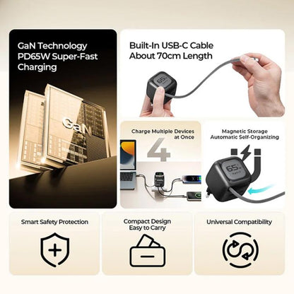 Havit UC253 65W 3 in 1 GaN Travel Charger with Type-C Retractable Cable, UC253(EU Plug)