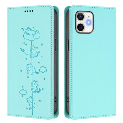Cute Cats Embossed Magnetic RFID Vegan Leather Phone Case, For iPhone 12 / 12 Pro, For iPhone 11 Pro Max, For iPhone 11, For iPhone 11 Pro