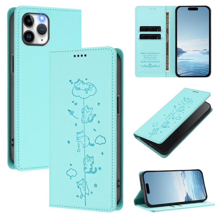 Cute Cats Embossed Magnetic RFID Vegan Leather Phone Case, For iPhone 12 / 12 Pro, For iPhone 11 Pro Max, For iPhone 11, For iPhone 11 Pro