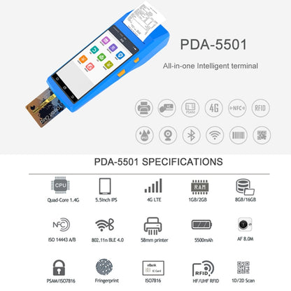 PDA-5501 Terminal inteligente multifunción todo en uno con pantalla IPS de 5,5 pulgadas y protección IP65, impresora térmica de línea integrada, micrófono y altavoz, compatible con WiFi, Bluetooth y GPS.