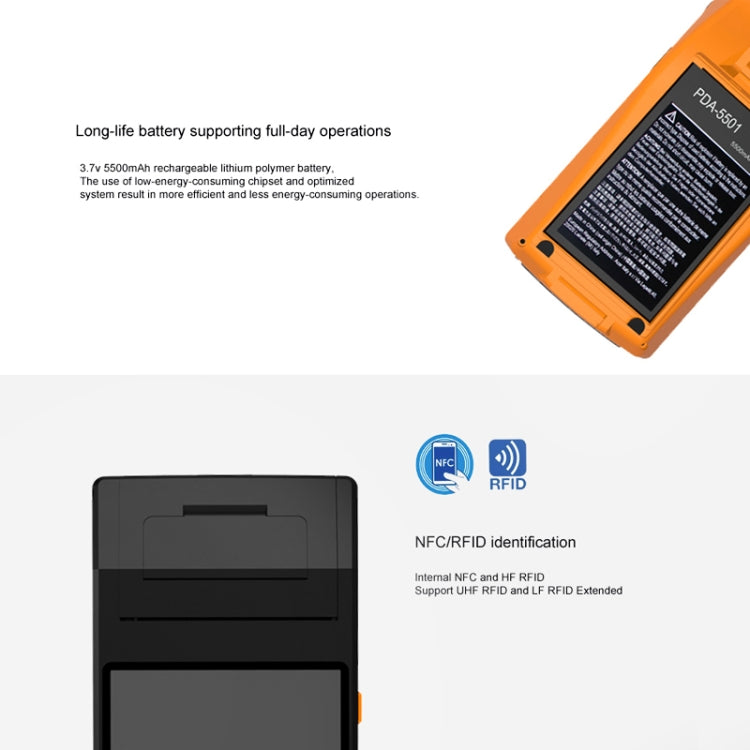 PDA-5501 Terminal inteligente multifunción todo en uno con pantalla IPS de 5,5 pulgadas y protección IP65, impresora térmica de línea integrada, micrófono y altavoz, compatible con WiFi, Bluetooth y GPS.