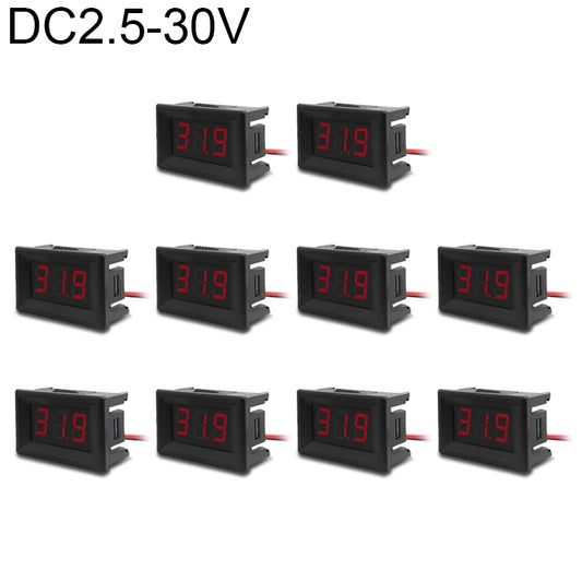 10 PCS 0.36 inch 2 Wires Digital Voltage Meter with Shell, Color Light Display, Measure Voltage: DC 2.5-30V