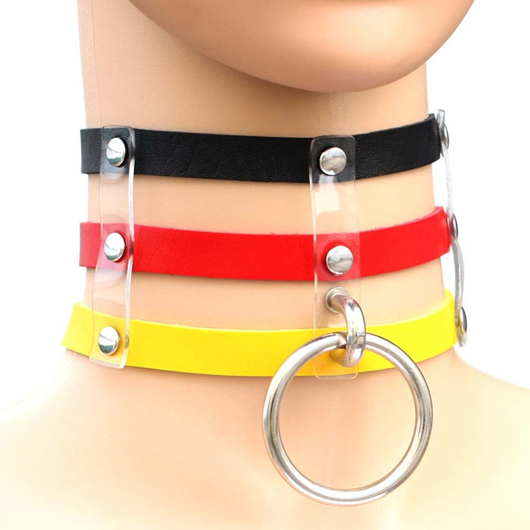 Harajuku Fashion Punk Gothic Rivets Collar Hand 3-rows Caged Leather Collar Necklace, (Red+Dark Blue+Red), DHXQ, (Red), Pink, (Silver), (Green), (Red+Yellow+Red), (White+Dark Blue+Red), (Baby Blue), (Gold), (Baby Blue+White+Baby Blue), (Red+White+Green...