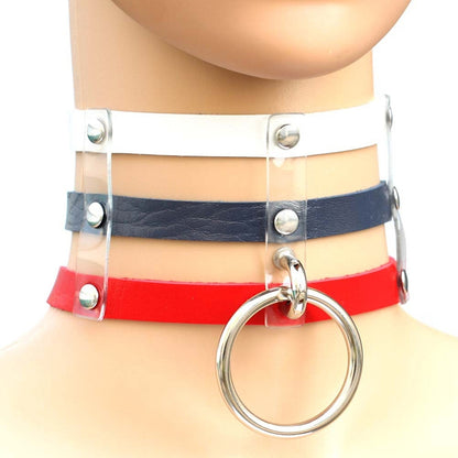 Harajuku Fashion Punk Gothic Rivets Collar Hand 3-rows Caged Leather Collar Necklace, (Red+Dark Blue+Red), DHXQ, (Red), Pink, (Silver), (Green), (Red+Yellow+Red), (White+Dark Blue+Red), (Baby Blue), (Gold), (Baby Blue+White+Baby Blue), (Red+White+Green...