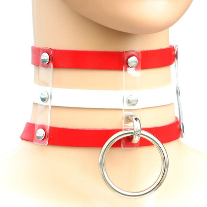 Harajuku Fashion Punk Gothic Rivets Collar Hand 3-rows Caged Leather Collar Necklace, (Red+Dark Blue+Red), DHXQ, (Red), Pink, (Silver), (Green), (Red+Yellow+Red), (White+Dark Blue+Red), (Baby Blue), (Gold), (Baby Blue+White+Baby Blue), (Red+White+Green...