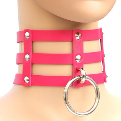 Harajuku Fashion Punk Gothic Rivets Collar Hand 3-rows Caged Leather Collar Necklace, (Red+Dark Blue+Red), DHXQ, (Red), Pink, (Silver), (Green), (Red+Yellow+Red), (White+Dark Blue+Red), (Baby Blue), (Gold), (Baby Blue+White+Baby Blue), (Red+White+Green...