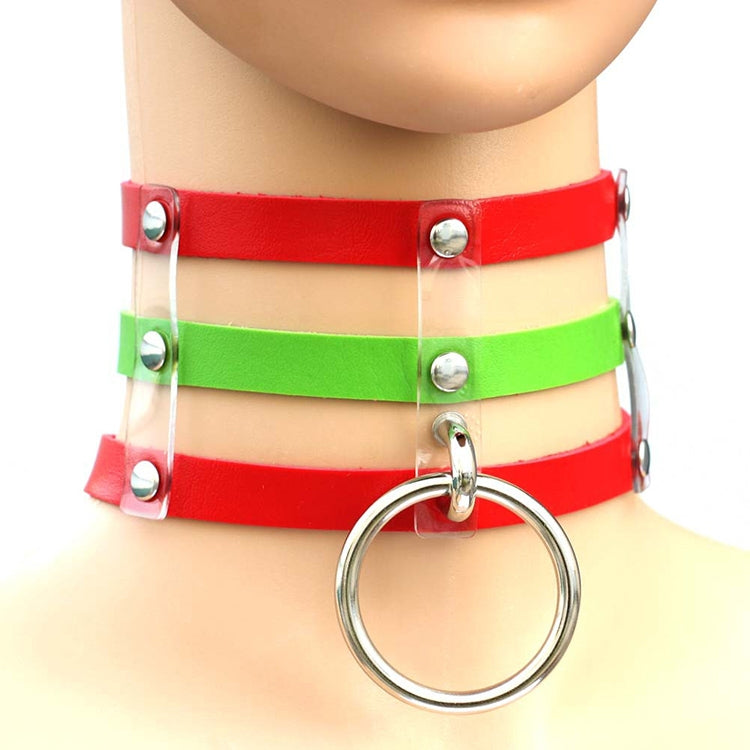 Harajuku Fashion Punk Gothic Rivets Collar Hand 3-rows Caged Leather Collar Necklace, (Red+Dark Blue+Red), DHXQ, (Red), Pink, (Silver), (Green), (Red+Yellow+Red), (White+Dark Blue+Red), (Baby Blue), (Gold), (Baby Blue+White+Baby Blue), (Red+White+Green...