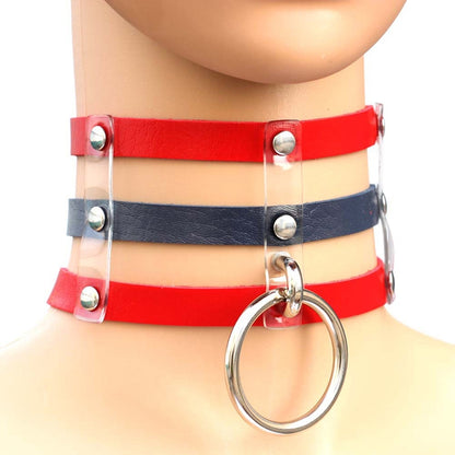 Harajuku Fashion Punk Gothic Rivets Collar Hand 3-rows Caged Leather Collar Necklace, (Red+Dark Blue+Red), DHXQ, (Red), Pink, (Silver), (Green), (Red+Yellow+Red), (White+Dark Blue+Red), (Baby Blue), (Gold), (Baby Blue+White+Baby Blue), (Red+White+Green...