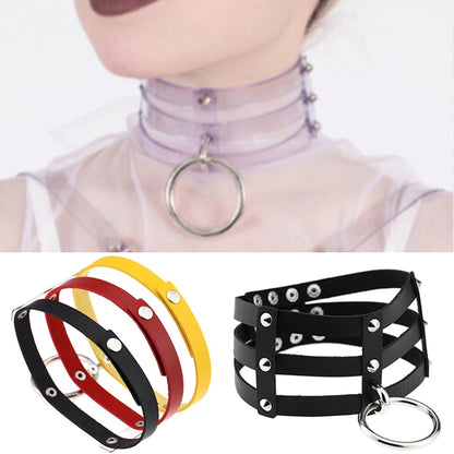 Harajuku Fashion Punk Gothic Rivets Collar Hand 3-rows Caged Leather Collar Necklace, (Red+Dark Blue+Red), DHXQ, (Red), Pink, (Silver), (Green), (Red+Yellow+Red), (White+Dark Blue+Red), (Baby Blue), (Gold), (Baby Blue+White+Baby Blue), (Red+White+Green...