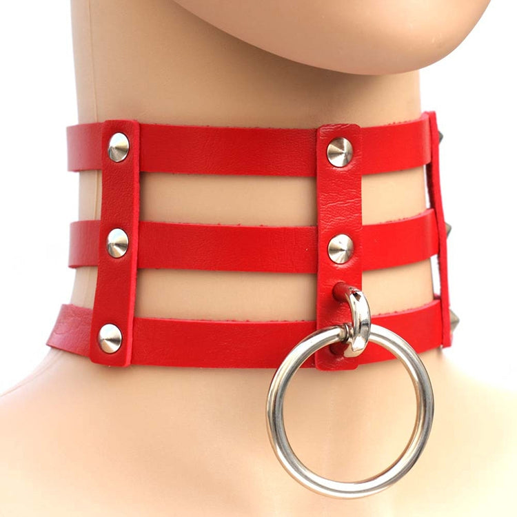 Harajuku Fashion Punk Gothic Rivets Collar Hand 3-rows Caged Leather Collar Necklace, (Red+Dark Blue+Red), DHXQ, (Red), Pink, (Silver), (Green), (Red+Yellow+Red), (White+Dark Blue+Red), (Baby Blue), (Gold), (Baby Blue+White+Baby Blue), (Red+White+Green...