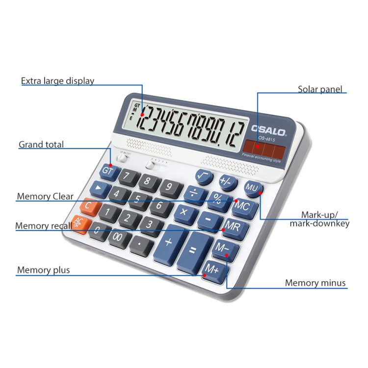 OSALO OS-6815 12 Digits Desktop Calculator Solar Energy Dual Power Calculator, OS-6815