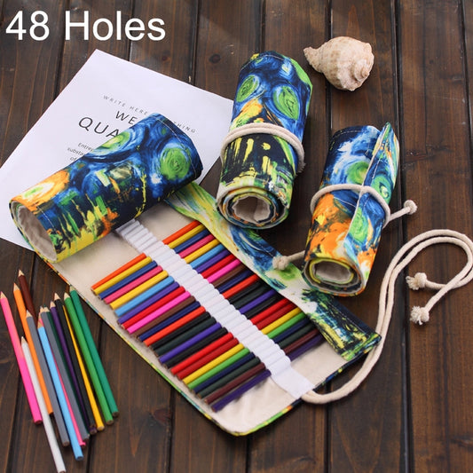 48 Slots Van Gogh Oil Painting Print Pen Bag Canvas Pencil Wrap Curtain Roll Up Pencil Case Stationery Pouch, 48 Slots