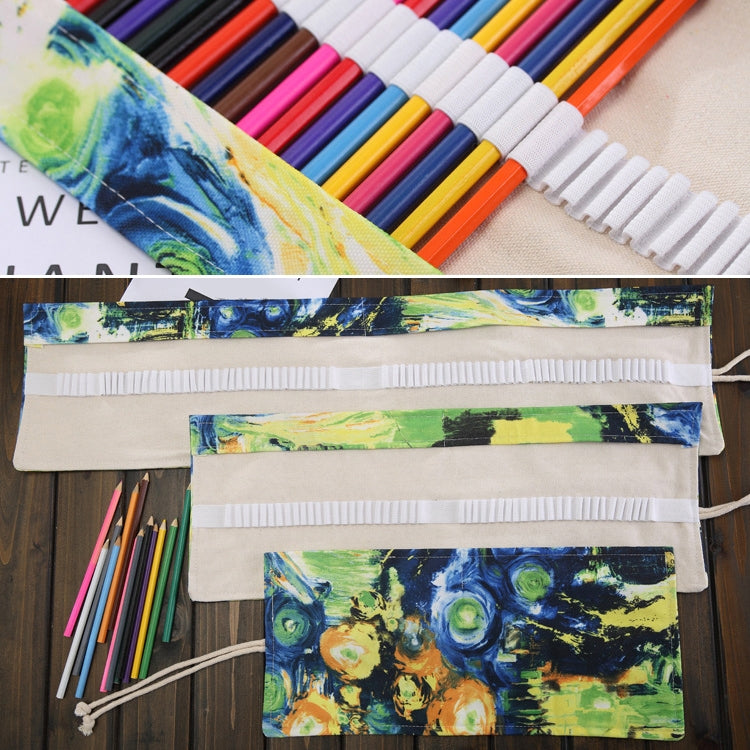 48 Slots Van Gogh Oil Painting Print Pen Bag Canvas Pencil Wrap Curtain Roll Up Pencil Case Stationery Pouch, 48 Slots