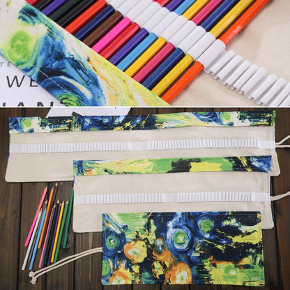 48 Slots Van Gogh Oil Painting Print Pen Bag Canvas Pencil Wrap Curtain Roll Up Pencil Case Stationery Pouch, 48 Slots