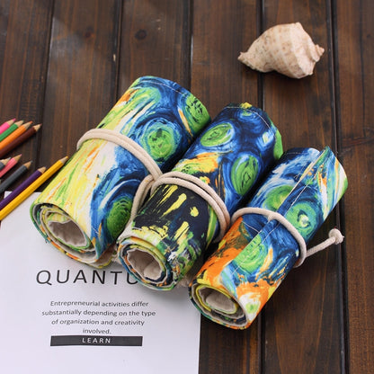 48 Slots Van Gogh Oil Painting Print Pen Bag Canvas Pencil Wrap Curtain Roll Up Pencil Case Stationery Pouch, 48 Slots