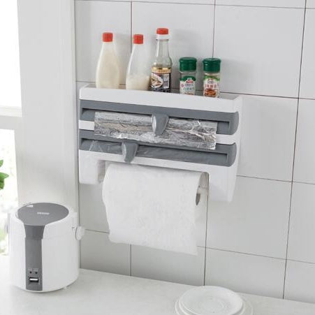 Kitchen Wall Mounted Cling Film Holder Wrap Storage Rack Hanger Rack Cutting Device, Size: 39 x 10 x 24cm, Grey, Khaki